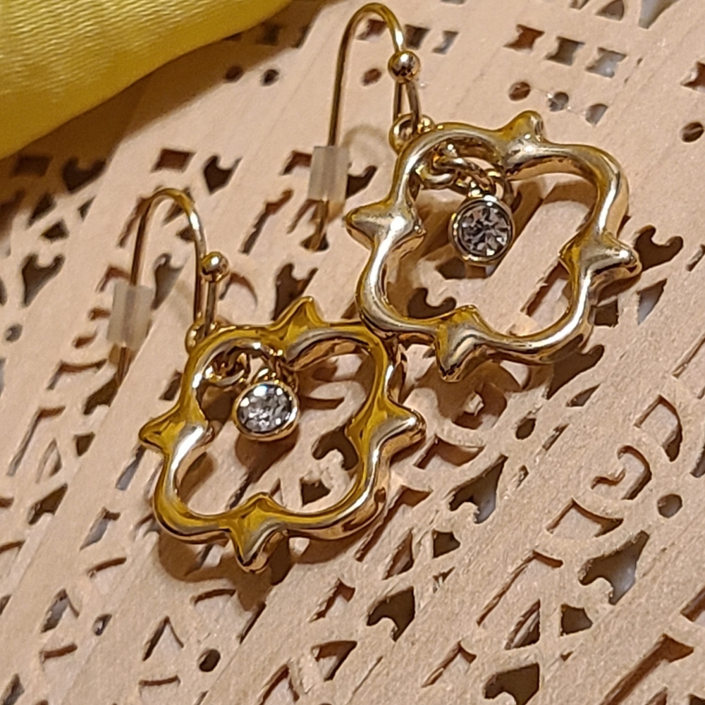 Unique Vintage Gold Floral Earrings with Crystal Charm